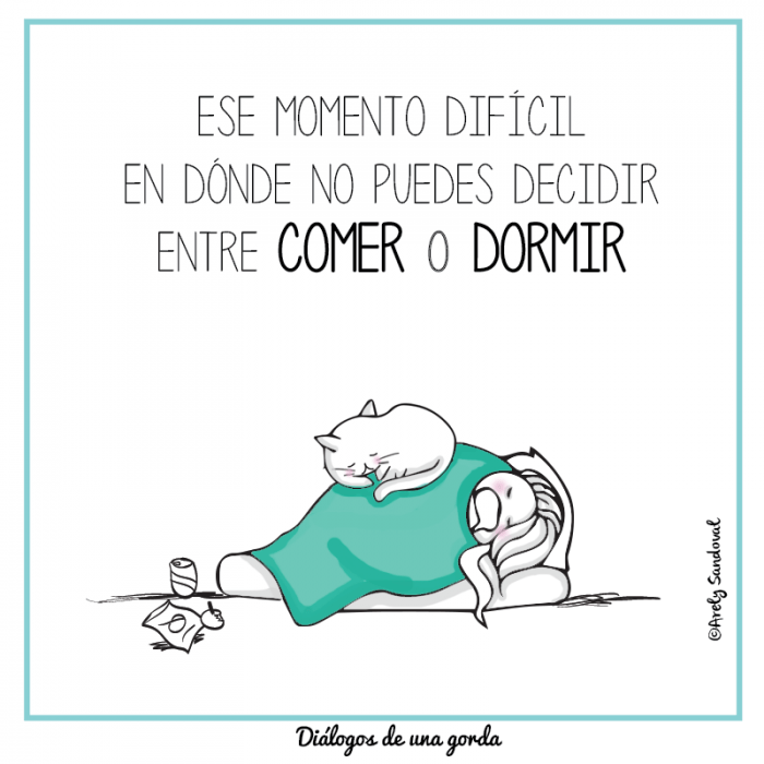 Ilustraciones de una chica gordita recostada junto a su gato