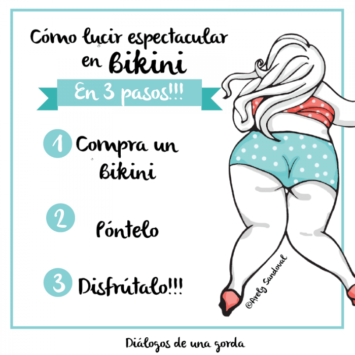 Ilustraciones de una chica gordita mostrando paso a paso como usar un bikini 