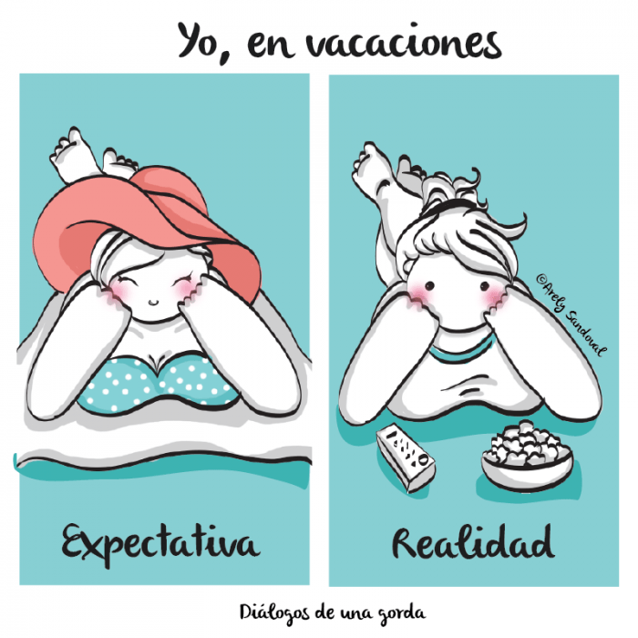 Ilustraciones de una chica gordita en vacaciones 