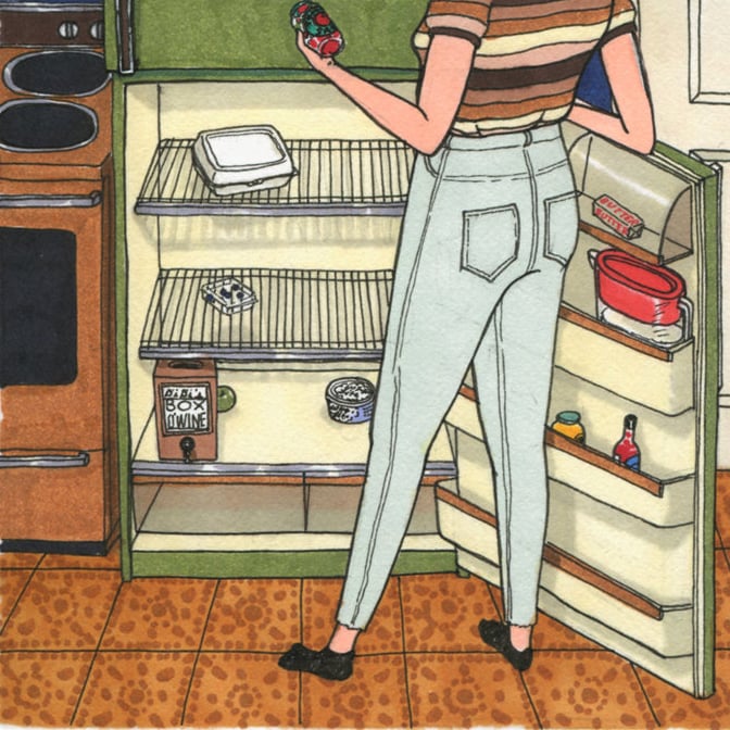 Ilustraciones Sally Nixon chica abriendo el refrigerador 