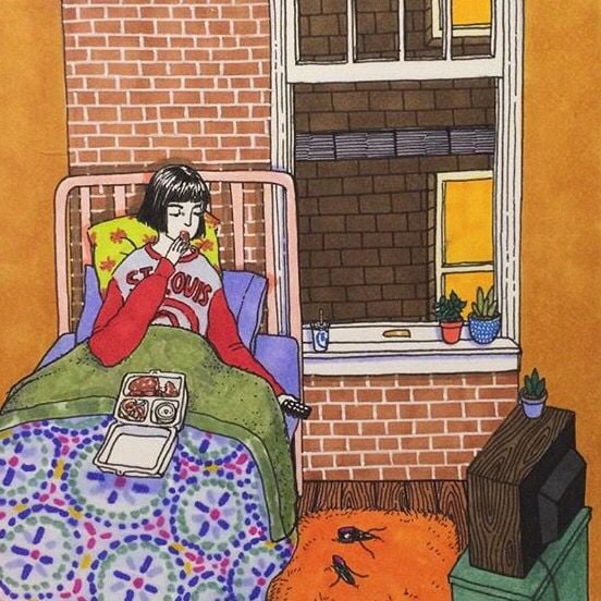 Ilustraciones Sally Nixon chica comiendo pizza en la cama 