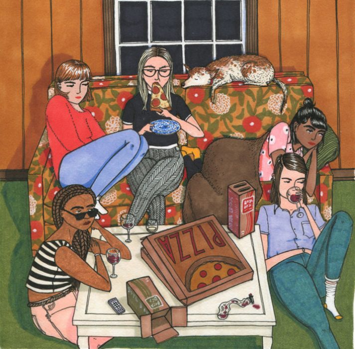 Ilustraciones Sally Nixon. Chicas sentadas en una sala comiendo pizza 