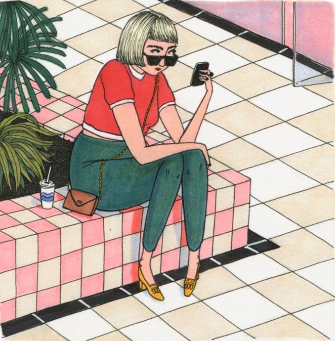 Ilustraciones Sally Nixon chica sentada en un centro comercial mirando su celular 