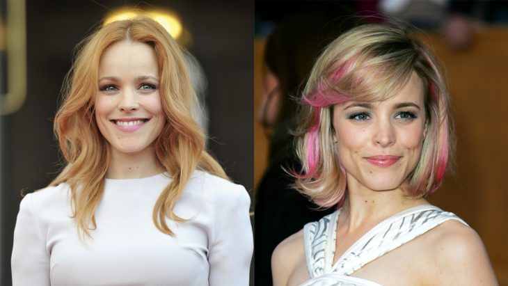 Rachel McAdams con el cabello naranja y después rubio con mechas rosas 