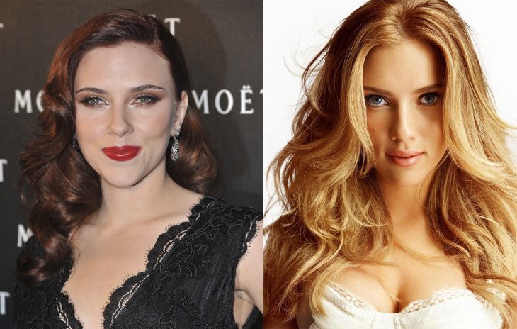 Scarlett Johanson con el cabello rojo y después en color rubio 