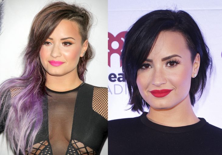 Demi Lovato con el cabello morado y después negro y rapado de un lado 