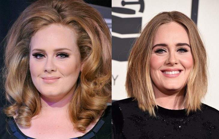 Adele con el cabello castaño y después en color ombré