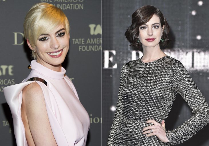 Anne Hathaway con el cabello rubio y después castaño