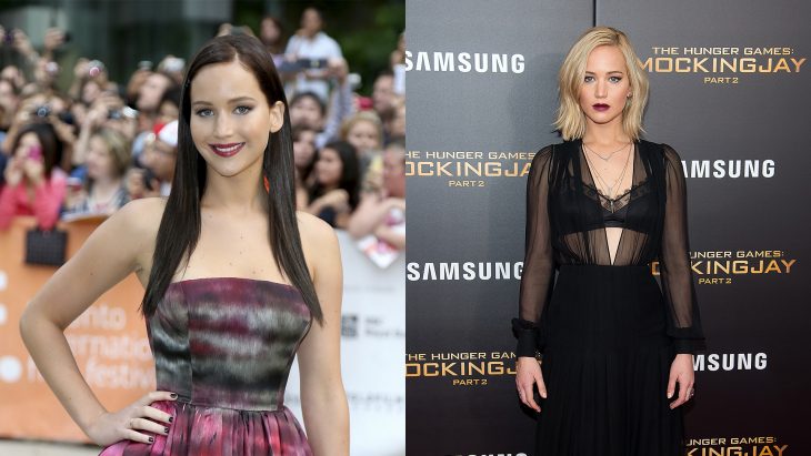 jennifer Lawrence con el cabello rubio y después castaño 