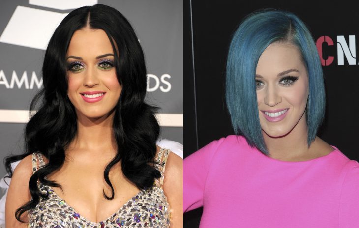 Katy Perry con el cabello negro y después azul 