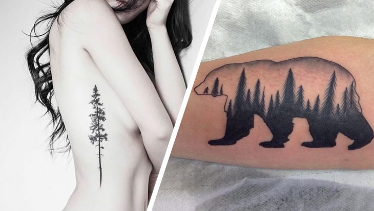 Tatuajes pino y oso con un bosque 