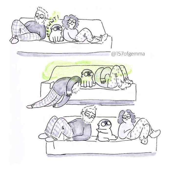 ilustracion de pareja en sillon con pug 