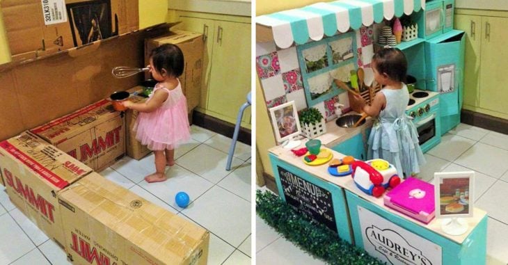 Esta madre creó una mini cocina con cajas para su pequeña hija