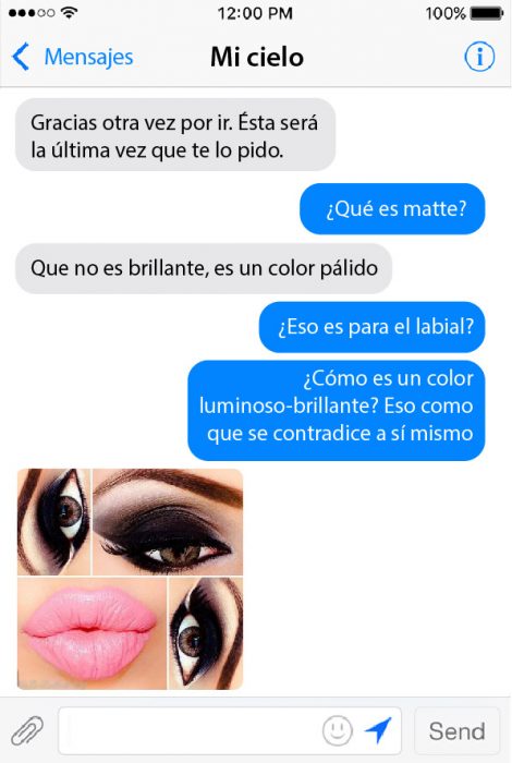 conversacion en chat de pareja y foto de maquillaje