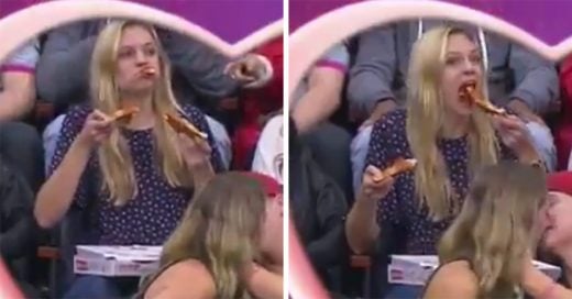 Esta chica y su pizza frente a la Kiss Cam demuestran que el amor verdadero ¡Sí existe!