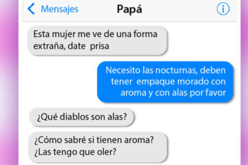 Conversación de de chica con su padre, el cual le está comprando toallas sanitarias