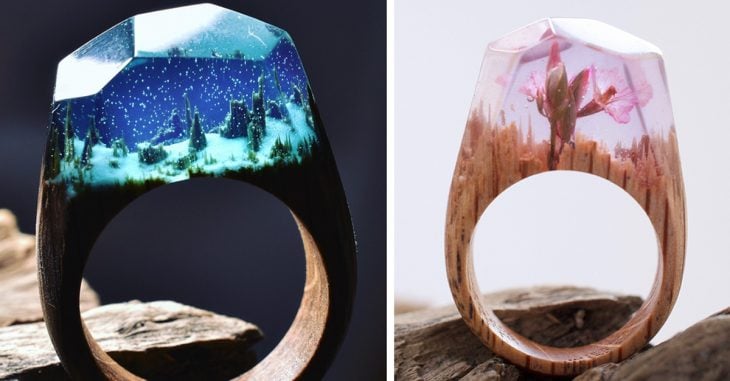 Mundo miniatura escondidos en lindos anillos de madera