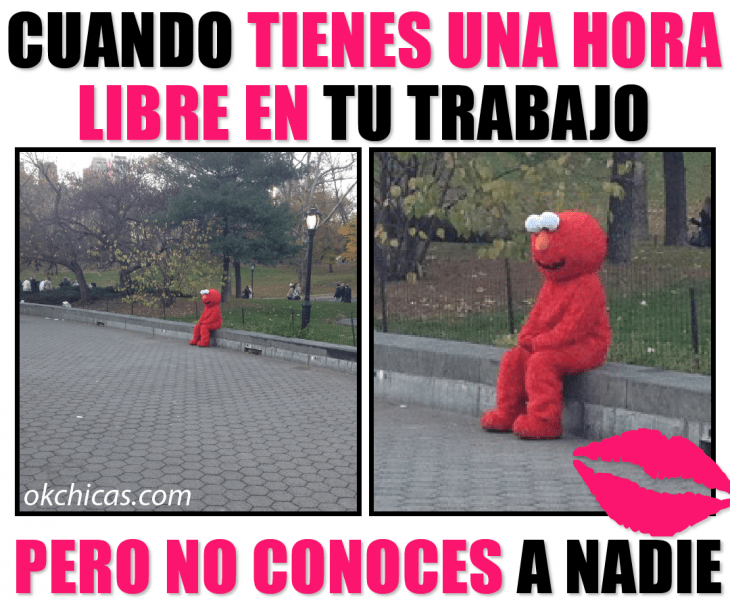 meme ok chicas botarga roja de elmo sentado en un parque 