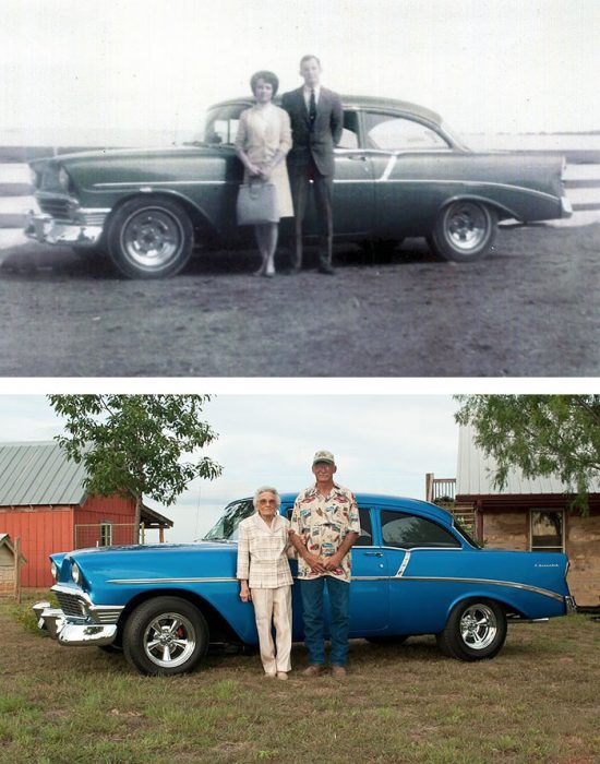 pareja retratada con su coche antiguo