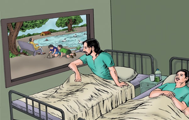 Ilustraciones de dos hombres que se encuentran en una cama de hospital