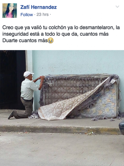Meme del colchón que fue robado en xalapa circulando por Facebook 