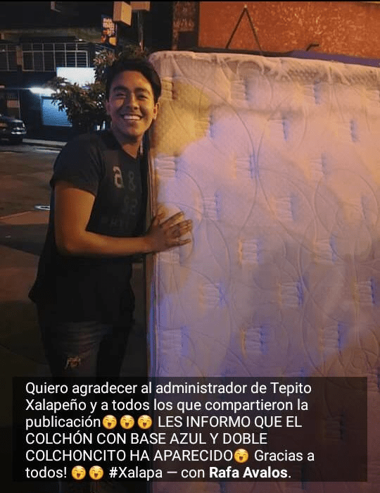 Meme del colchón que fue robado en xalapa circulando por Facebook 