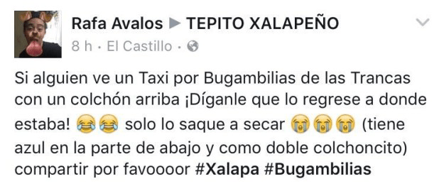 Publicación de un chico que perdió su colchón en Xalapa 