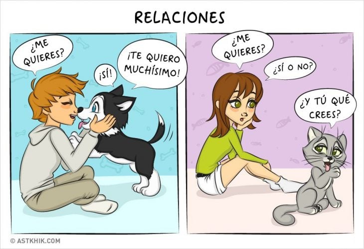 Comic que muestra las diferencias de vivir con un perro y con un gato mientras muestran su relación 