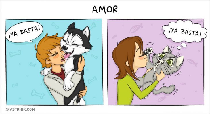 Comic que muestra las diferencias de vivir con un perro y con un gato