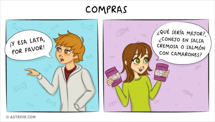 Comic que muestra las diferencias de vivir con un perro y con un gato cuando compras sus alimentos 