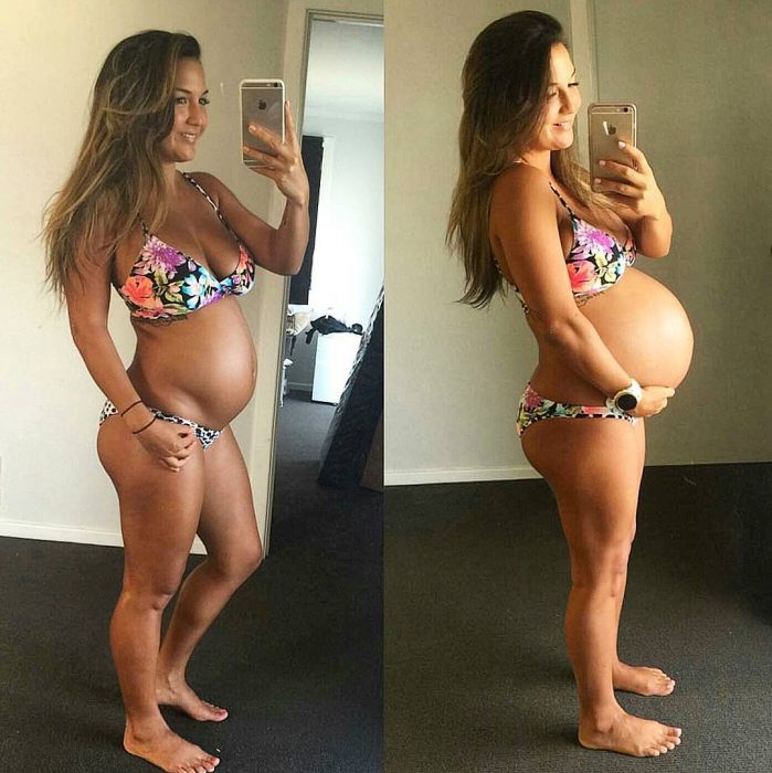 Chica mostrando como luce con 21 semanas de embarazo vs 38 semanas