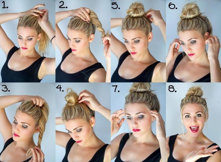 Chica mostrando paso a paso como hacer un messy bun 