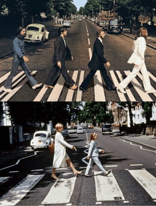 hombres, mujer y una niña cruzando la calle beatles