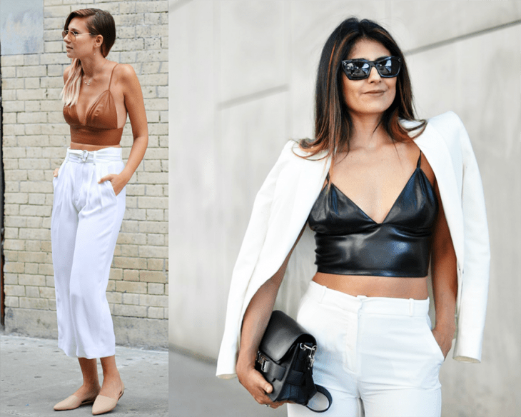 mujeres con pantalon blanco y bralete de piel 