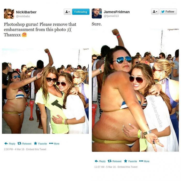 Broma con photoshop mujer abrazando a mujer grande en bikini 