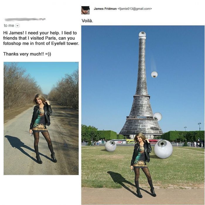 Broma con photoshop mujer en con torre eiffel y ojos 