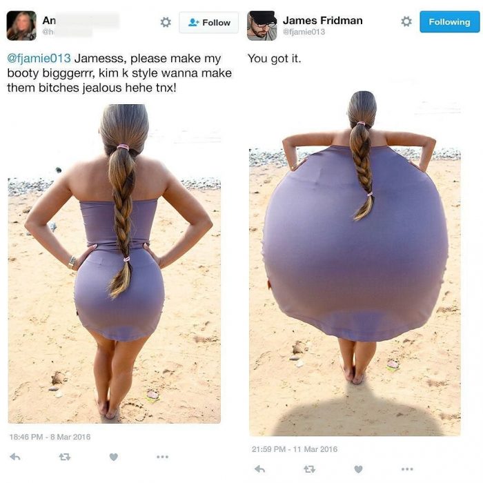 Broma con photoshop mujer con vestido morado en la playa y trasero gigante 