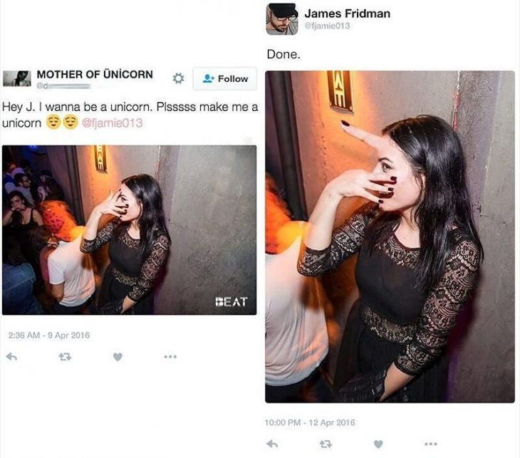 Broma con photoshop mujer con vestido negro y dedo en la frente