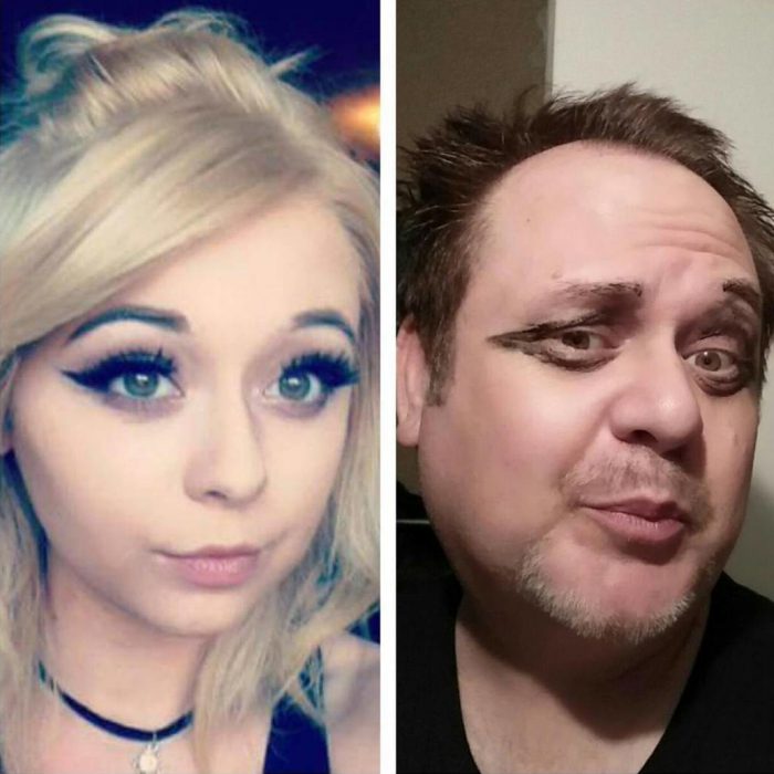 chica rubia con maquillaje y hombre blanco con delineado mal hecho 