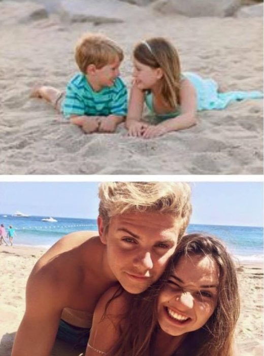 foto niños en la playa y después de jóvenes