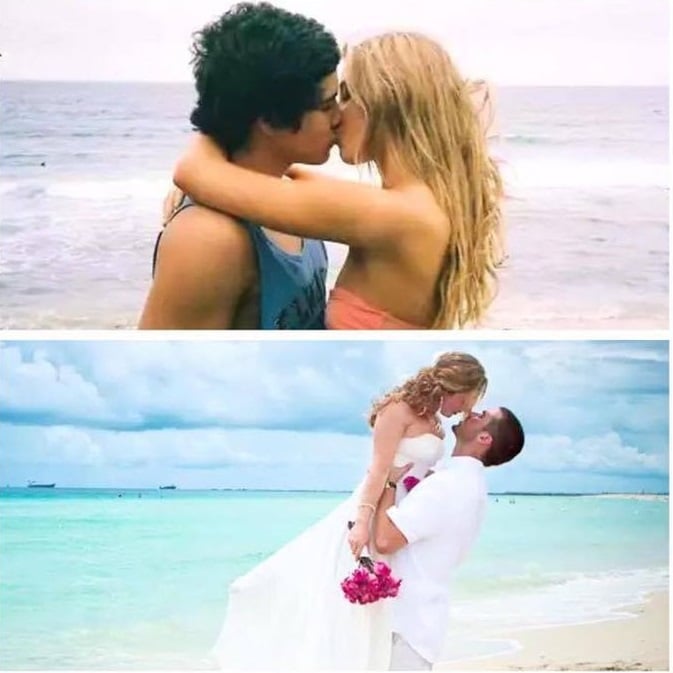 pareja antes cuando eran jóvenes y después de casarse en la playa