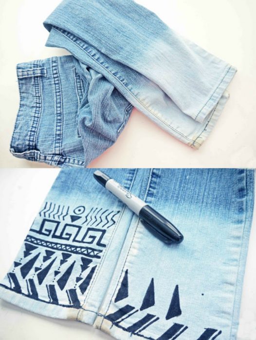 jeans con decoracion tribal con plumon sharpie