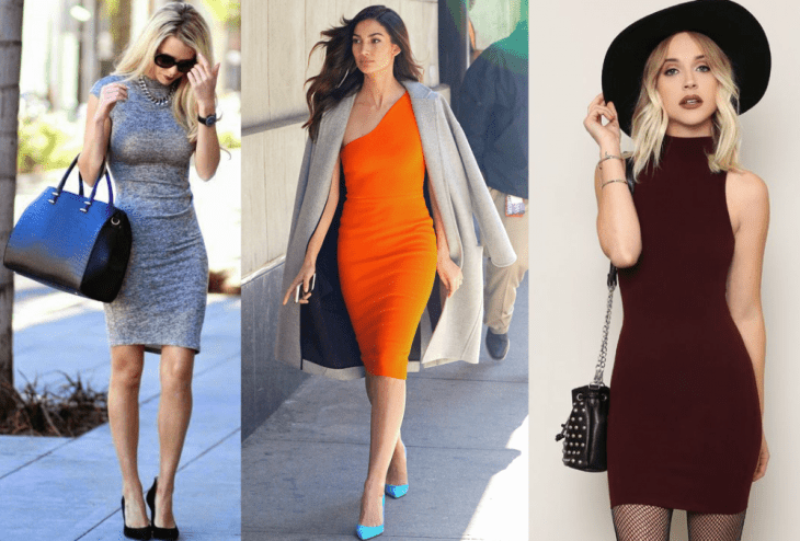 mujer rubia vestido gris mujer morena vestido naranja mujer rubia vestido ceñido vino 