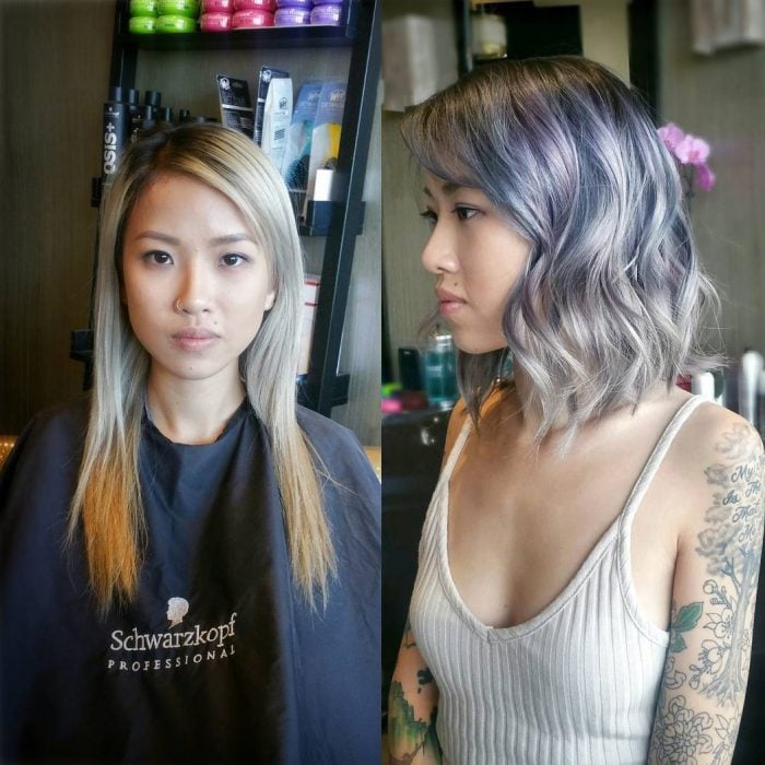 Transformación de cabello de largo a corto con un teñido en color purpura