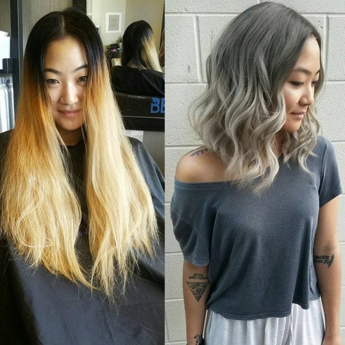 Transformación de cabello de largo a corto con un teñido en color gris 