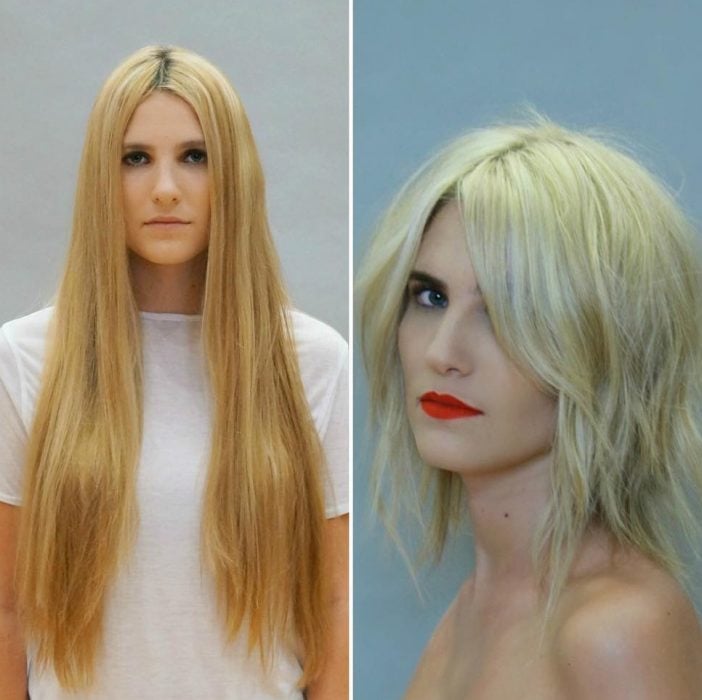 Transformación de corte de cabello de largo a corto en una chica rubia 