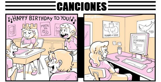 Ilustración de la diferencia de un cumpleaños antes y ahora con las canciones 