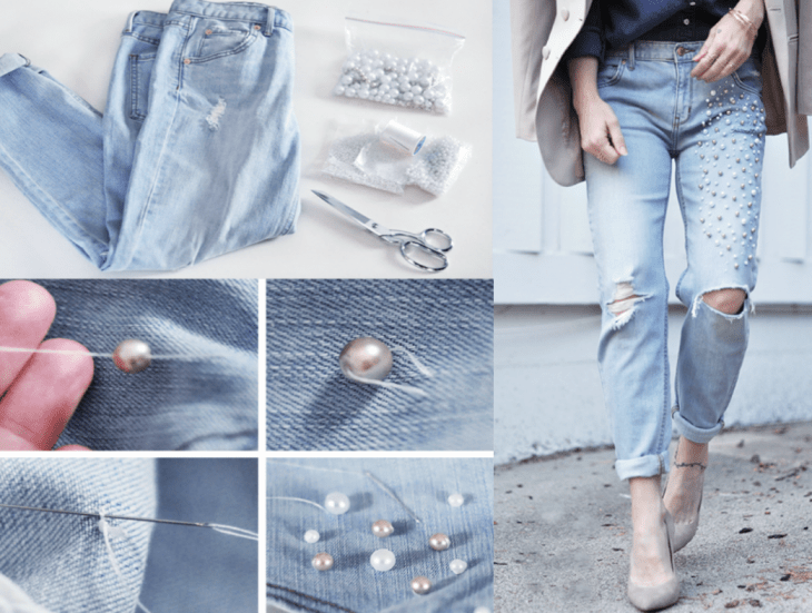 como hacer tu misma jeans con decoraciones de perlas 