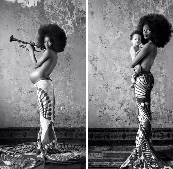 Chica afro tocando música embarazada y con su bebé 