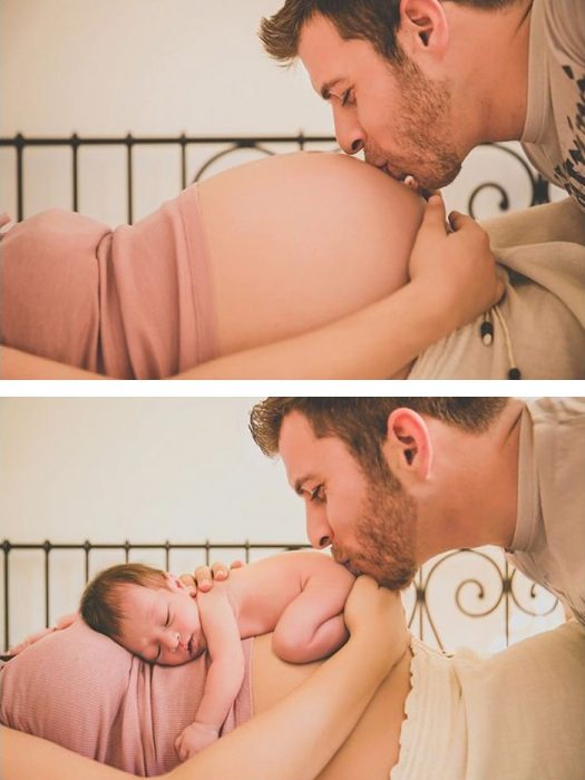 Papá besando la panza y después a un bebé 